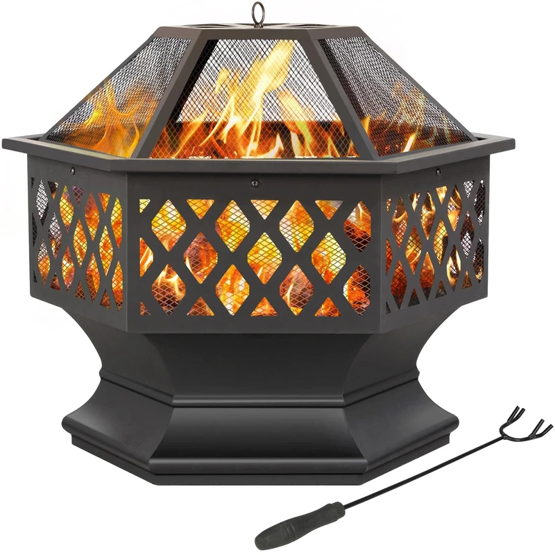 Yaheetech Fire Pit for Garden, Outdoor Firepit, Hexagon Shaped Heavy Duty Large Fire Bowl with Mesh Poker, Outside Patio Heater for Camping/Bonfire/Garden/Backyard/Poolside, 60.5cm, Black - Image 1