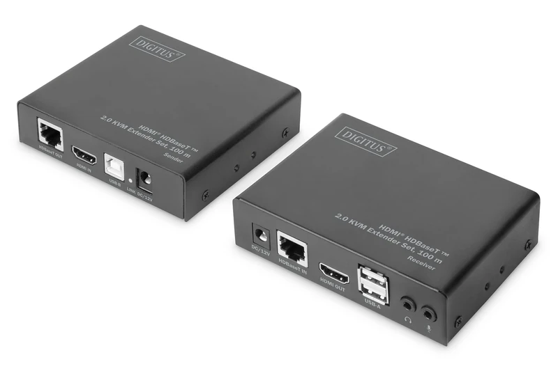 DIGITUS HDMI KVM Extender - 4k/60Hz - Transmitter & Receiver - HDBaseT 2.0 - HDMI 1.4 - USB 2.0 - Range up to 100m - Patch cable from Cat 6A