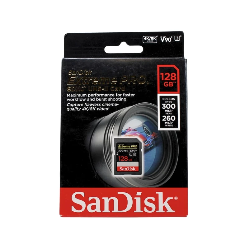 SanDisk 128GB Extreme PRO SDXC card, SD Card, V90 Memory Card, 8K, 4K and Full HD Video, up to 300 MB/s, Shock, Temperature, Water and X-Ray Proof, UHS-II, Class 10, U3,