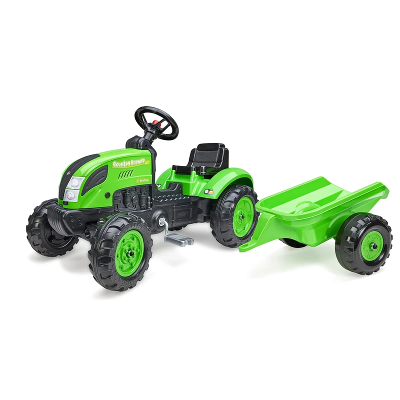Falk Country Farmer Tractor with Trailer - Green Outdoor Ride-on Pedal Tractor for Kids Ages 2+