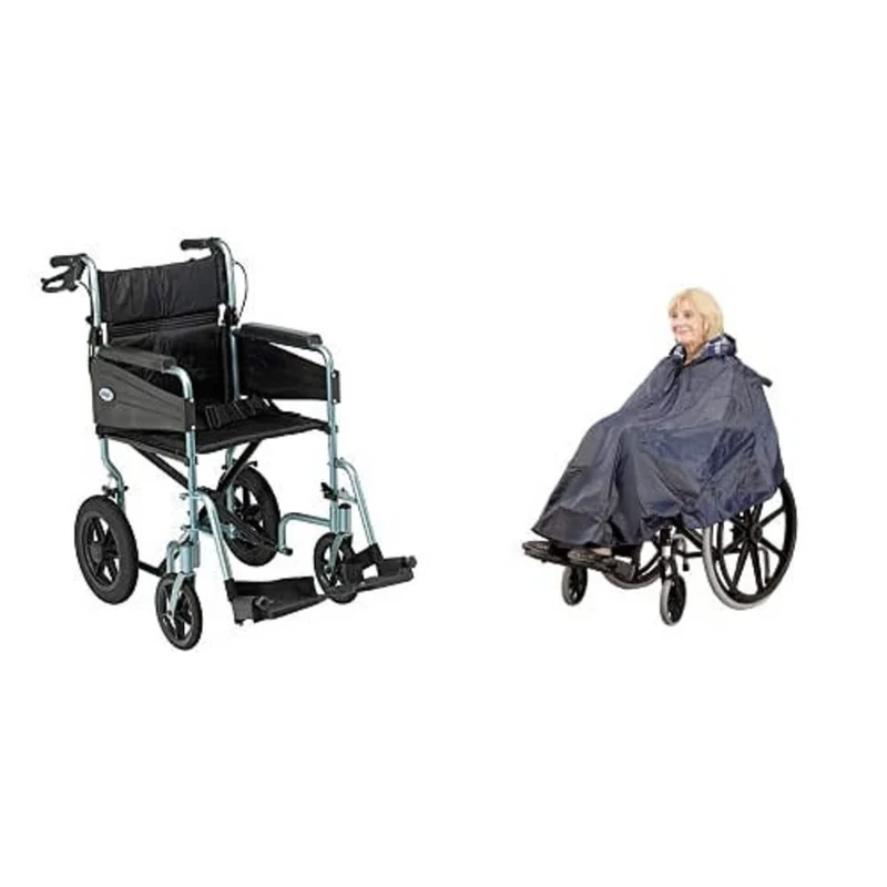 Days Escape Wheelchair, Lite Aluminium, Lightweight and Foldable Frame, Mobility Aids, Comfort Travel Chair with Removable Footrests, Standard Size, Silver/Blue with Homecraft Wheelchair Lined Poncho
