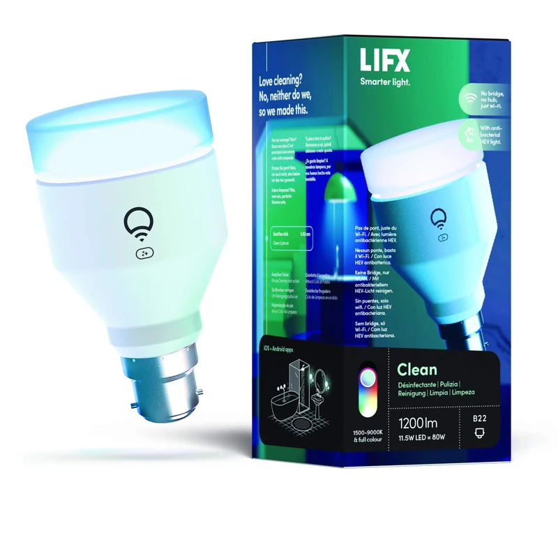 LIFX Clean A60 1200 Lumens [B22 Bayonet Cap], Full Colour with Antibacterial HEV, Wi-Fi Smart LED Light Bulb, No bridge required, Compatible with Alexa, Hey Google, HomeKit and Siri