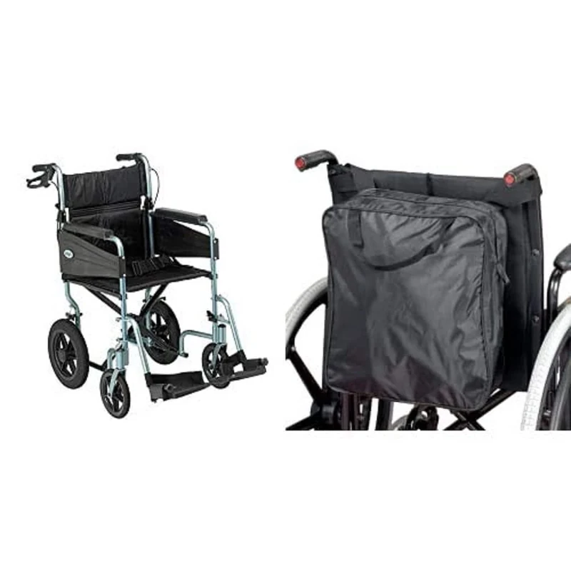 Days Escape Wheelchair, Lite Aluminium, Lightweight and Foldable Frame, Mobility Aids, Comfort Travel Chair with Removable Footrests, Standard Size, Silver/Blue with Homecraft Wheelchair Economy Bag