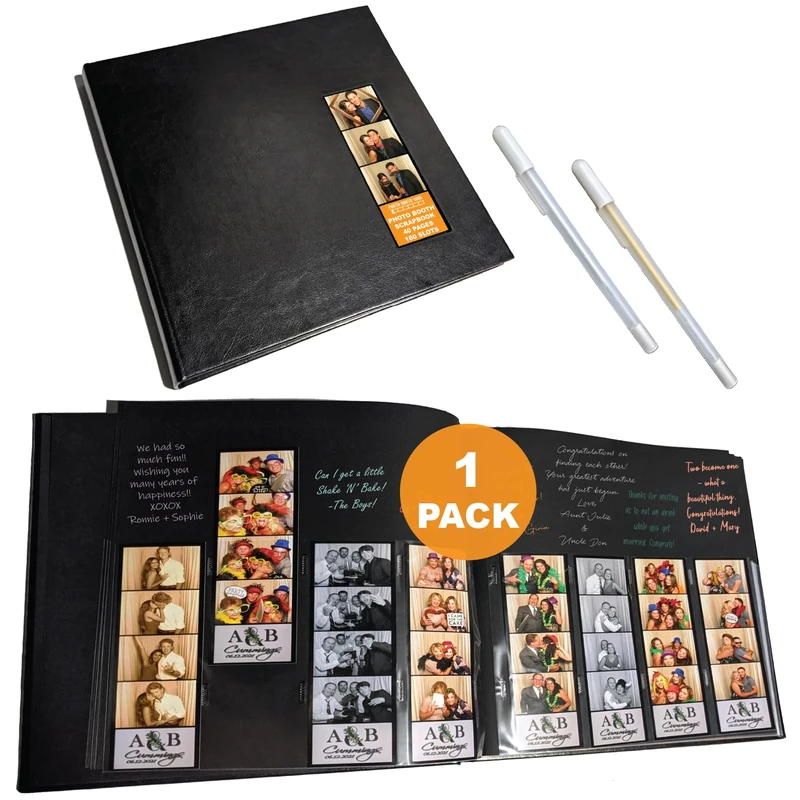 Photo Booth Nook | Photo Booth Album (1 count) | Black Cover - 40 Black Pages | 160 Slots for 2x6 Photo Strips | 2x6 Cover Picture Slot | Silver and Gold Gel Pens