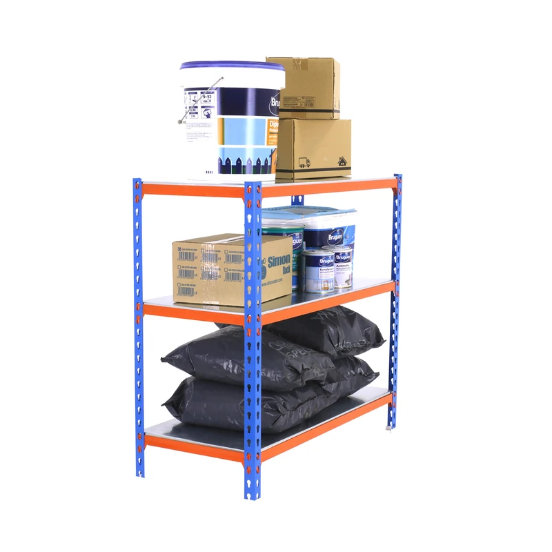 Simon Rack Garage Shelving Units 900x1200x500 mm, 3 Tier Steel Rack, 200 kg per Shelf, Blue/Orange/Galvanised - Simonclick