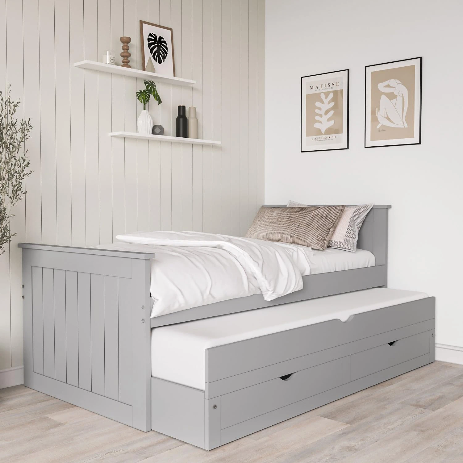 Sander Single Grey Wooden Guest Bed with Storage and Trundle