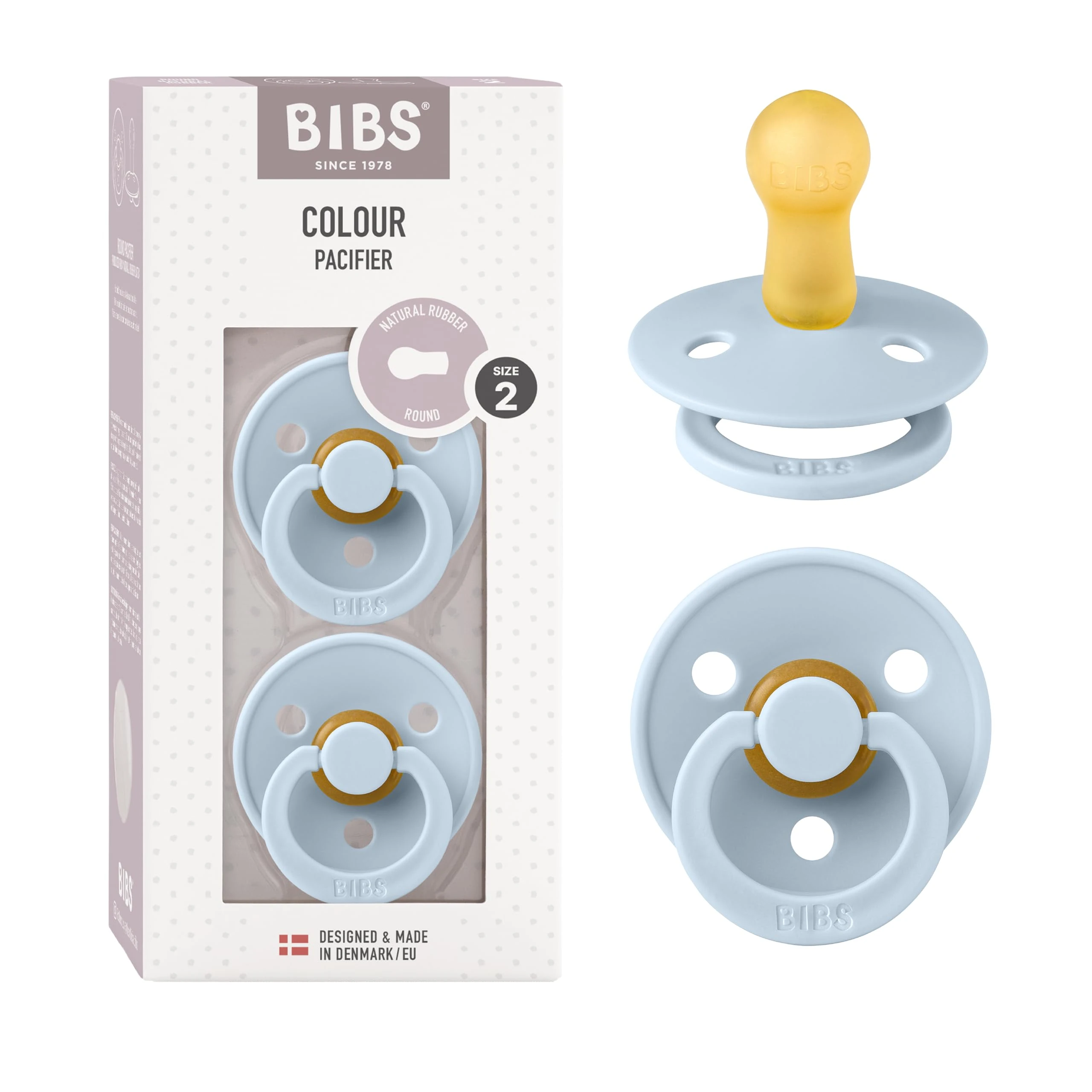 BIBS Colour Soother 2-Pack, BPA Free Dummy Pacifier, Round Nipple. Natural Rubber Latex, Made in Denmark, Size 2 (6-18 Months), Baby Blue