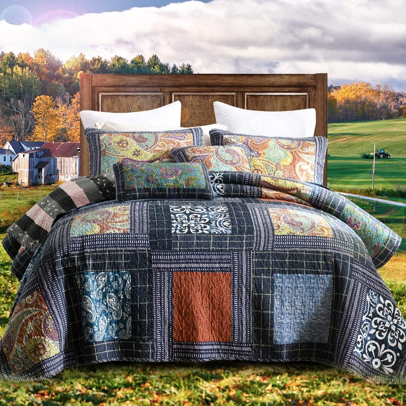 NEWLAKE Cotton Patchwork Bedspread, 3-Piece Bedding Quilt Set with Real Stitched Embroidery, Reversible Matelasse Bed Coverlet Set,Vintage Flowery Grid,Queen Size