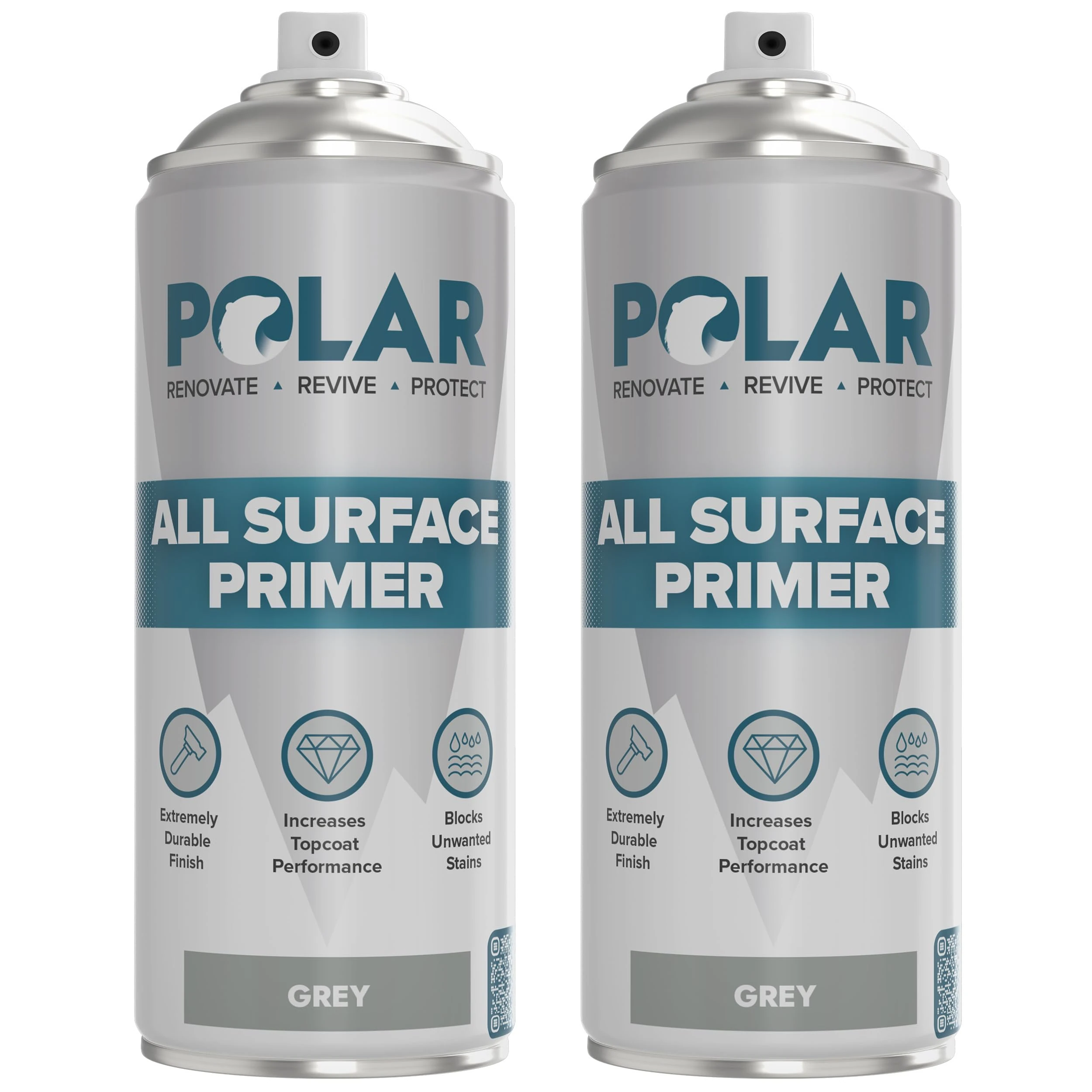 Polar Matt Grey Primer Spray Paint - 2 x 400ml | High-Build Filler Primer Paint for Wood, Metal, Plastic, Ceramics, Tiles & Painted Surfaces | Spray Primer for Long Lasting Protection & Quick Drying
