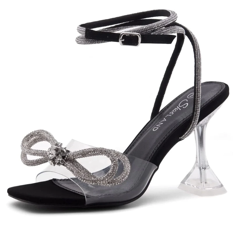 Shoe Land Women’s Clear Rhinestone Bow Heels – Double Bowknot & Adjustable Ankle Strap | Crystal Stiletto High Heels with Square Open Toe for Wedding & Party, Clearblack, 2 UK