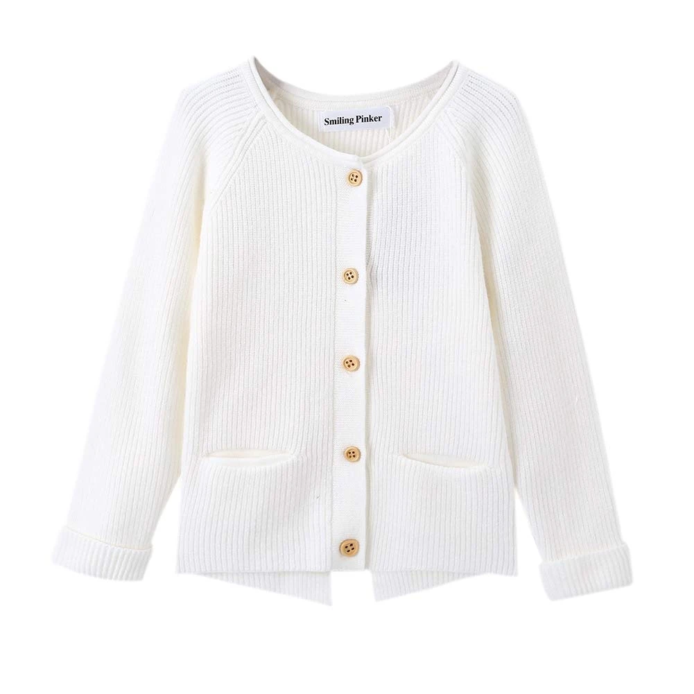 SMILING PINKER Toddler Girls Knit Cardigan Soft Warm Sweaters with Pockets (White, 12-24 Months)