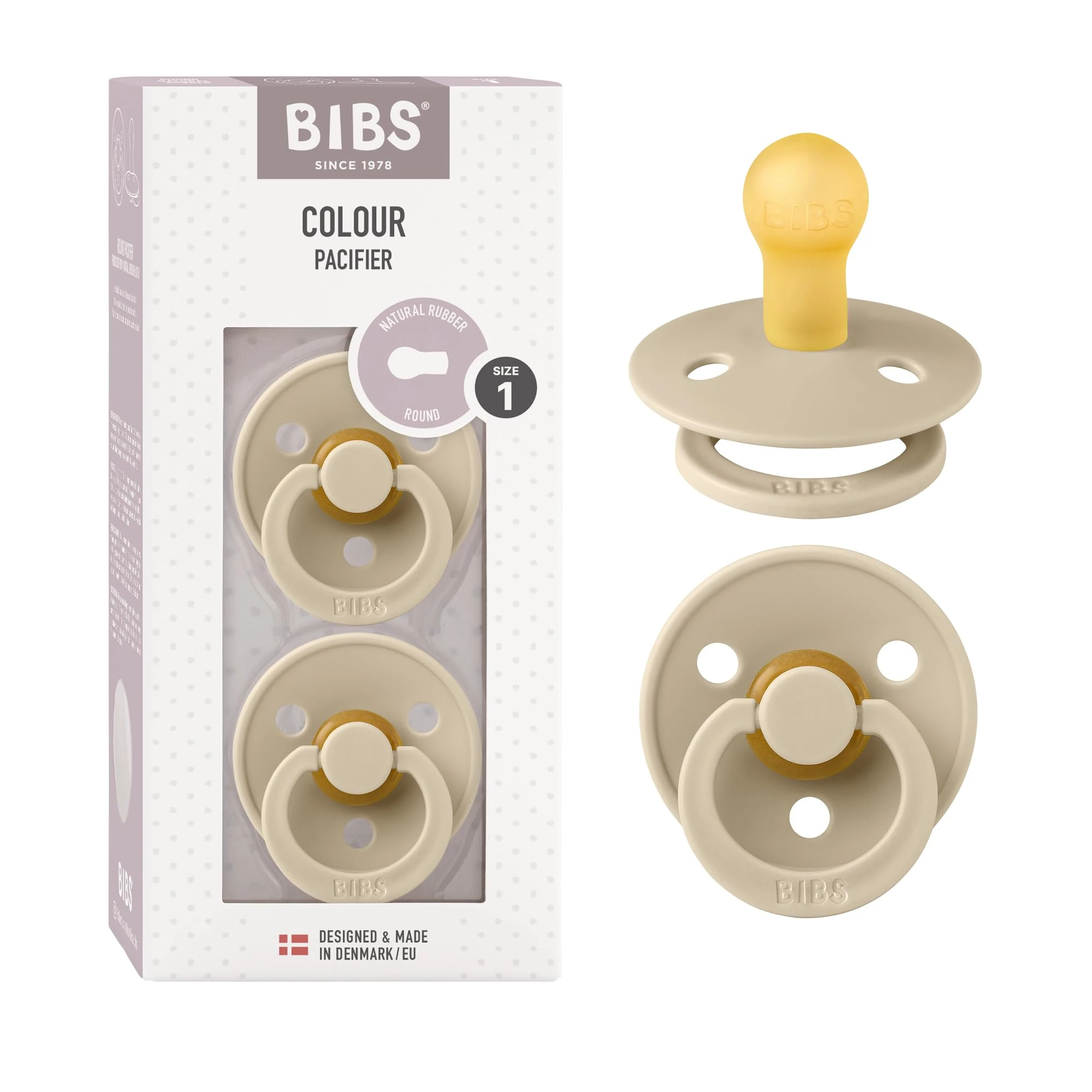 BIBS Colour Soother 2-Pack, BPA Free Dummy Pacifier, Round Nipple. Natural Rubber Latex, Size 1 (0-6 Months), Vanilla/Vanilla