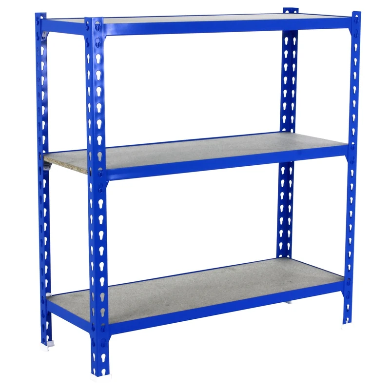 Simon Rack Garage Shelving Unit 900x900x500 mm, 3 Tier Metal Rack with 16 mm MDF Shelves, 150 kg per Shelf, Blue/Wood – Maderclick