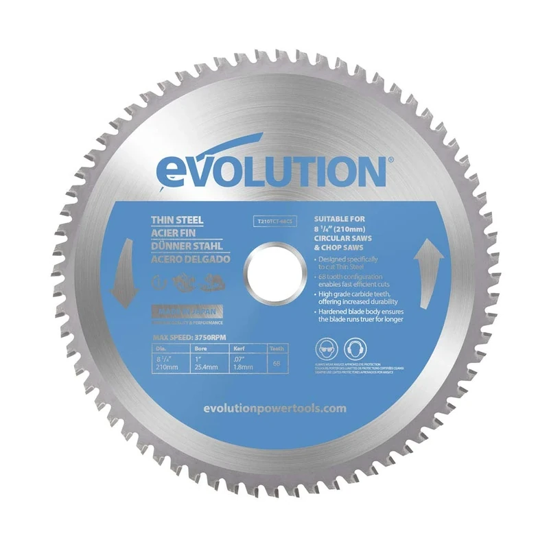 Evolution Power Tools T210TCT-68CS Circular Saw Blade (AKA TCT Saw Blade) For Cutting Thin Steel - Carbide Tipped Metal Saw Blade Produces Virtually No Heat, Burrs or Sparks, 210 mm