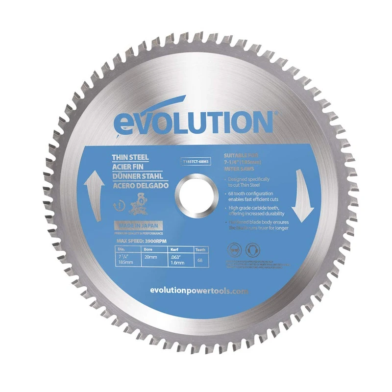 Evolution (T185TCT-68MS) - 185 mm Mitre Saw Blade (AKA TCT Saw Blade) For Cutting Thin Steel - Carbide Tipped Metal Saw Blade Produces Virtually No Heat, Burrs or Sparks