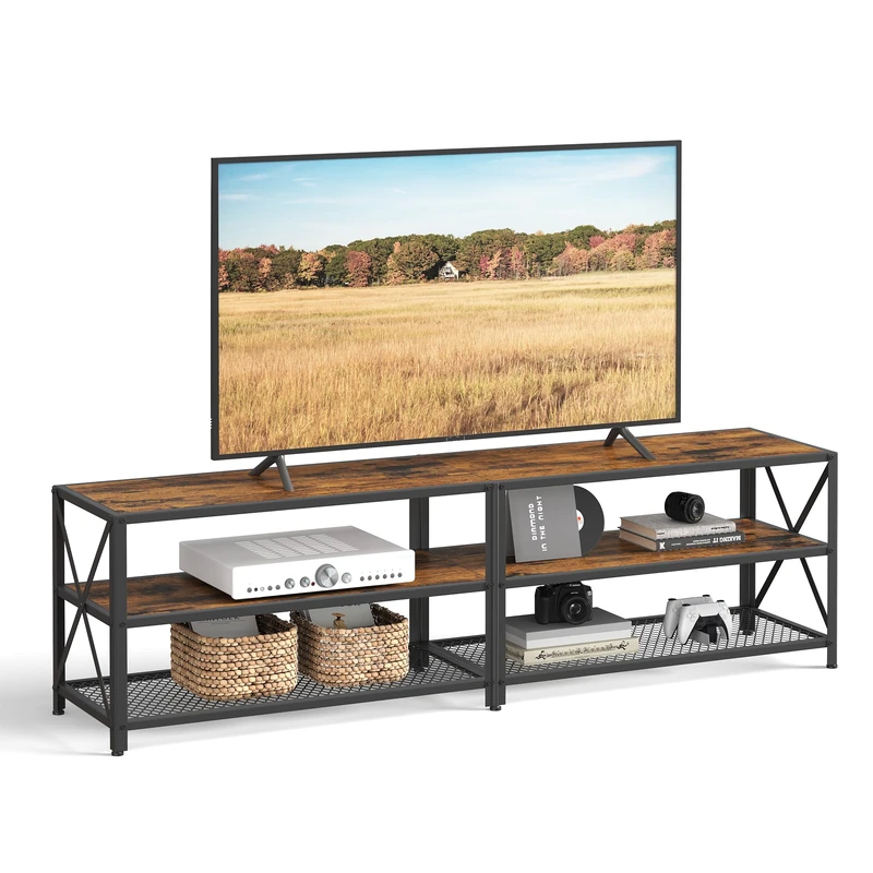 VASAGLE TV Stand, TV Table for TV up to 75 inches, with shelves, steel frame, living room, bedroom furniture, rustic brown and black LTV096B01