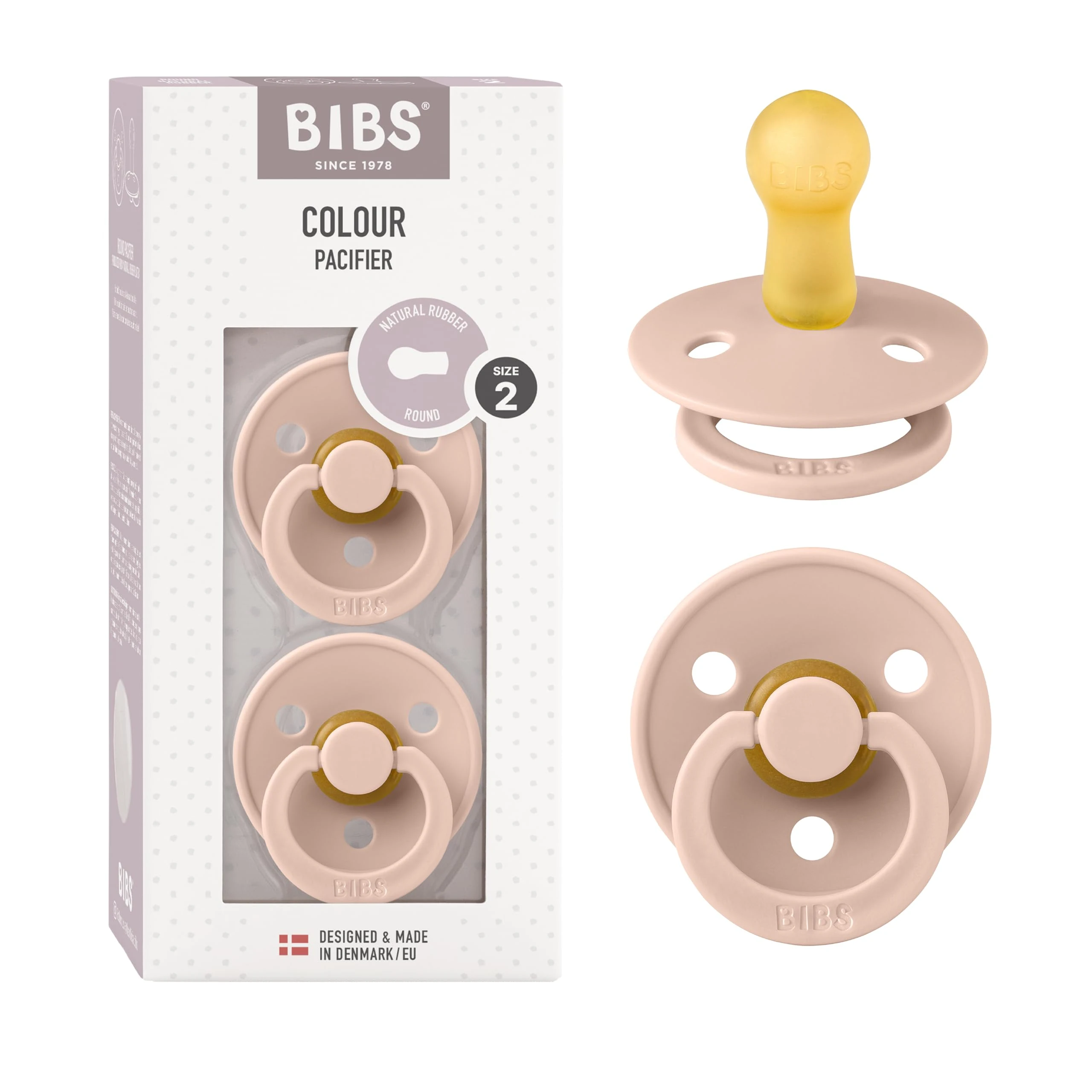 BIBS Colour Soother 2-Pack, BPA Free Dummy Pacifier, Round Nipple. Natural Rubber Latex, Size 2 (6-18 Months), Blush/Blush