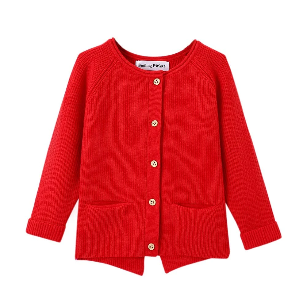 SMILING PINKER Toddler Girls Knit Cardigan Soft Warm Sweaters with Pockets (Red, 5-6 Years)