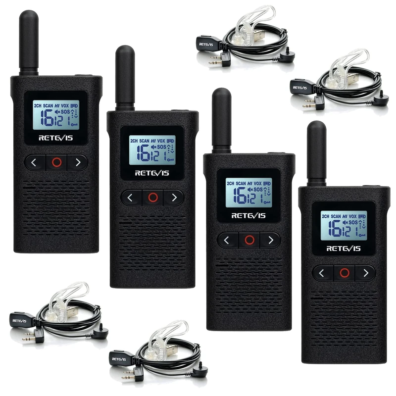 Retevis RB628 Walkie Talkie with Earpiece, PMR446 Rechargeable 2 Way Radio 1500mAh, LCD Screen, VOX, Light, Mini Walkie Talkies for Adults, School, Restaurant, Hotel (4 Pcs, Black)