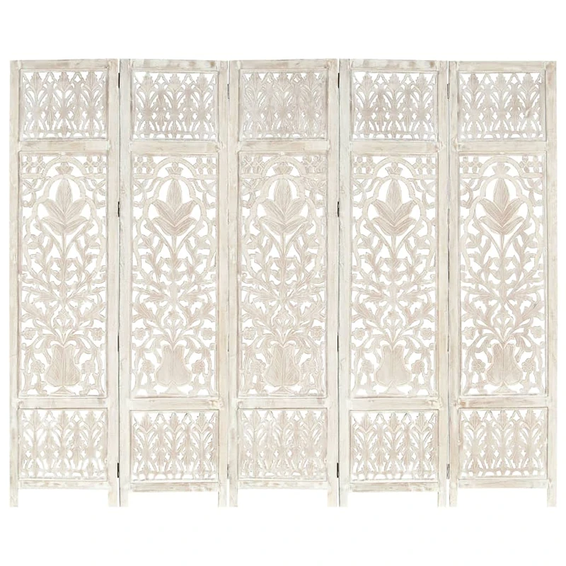 vidaXL Hand Carved Solid Mango Wood 5-Panel Room Divider, White Wash Finish, Decorative Privacy Screen, 200cm