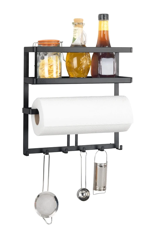 WENKO Gala Multi-Function Kitchen Shelf for Space-Saving Storage of Kitchen Utensils with Kitchen Roll Holder & Railing with 6 Hooks, Powder Coated Flat Steel, 30 x 33 x 9 cm, Black