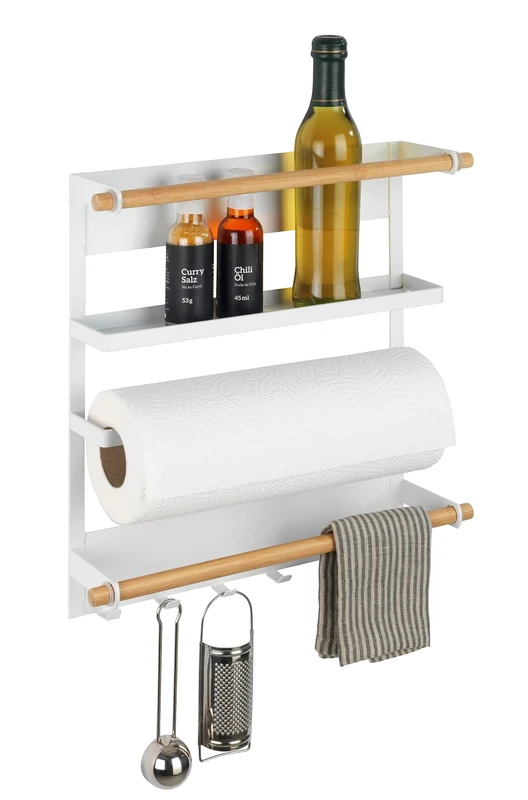 WENKO Magna Kitchen Shelf with Kitchen Roll Holder, Mounting without Drilling with Magnet, Open Shelf Made of White Painted and Bamboo, 33 x 34 x 8 cm, White/Brown