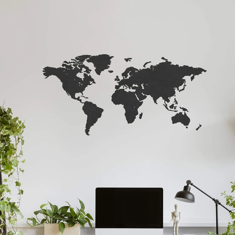 Creative Use of Technology Wall decoration: detailed laser-cut world map made of wood, beautiful wall decoration. Projection: Mercator. Wood type: black MDF. Dimensions: XL = 185 x 90 cm