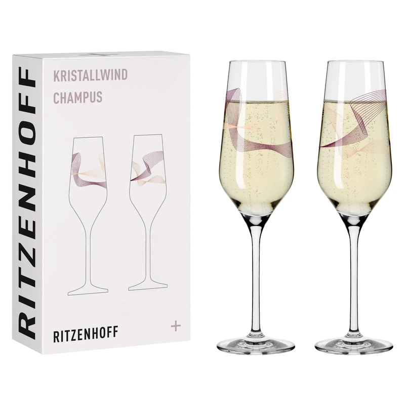 RITZENHOFF 3711001 Champagne Glass 250 ml - Kristallwind Series Set No. 1 - Pack of 2 with Wind Illustration - Made in Germany