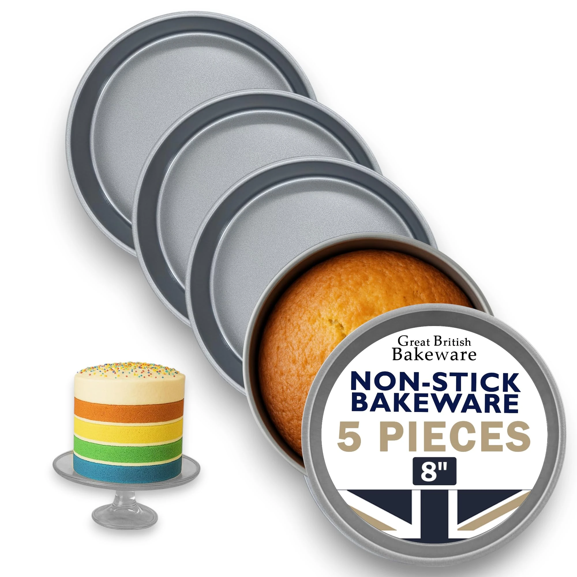 Great British Bakeware 5 Pack 8" Superior Double Coated Non-Stick Victoria Sandwich Cake Tin, Rainbow, Oven Safe, Round Cake Tin, Fixed Base, PFOA & BPA Free Cookware, Made in England