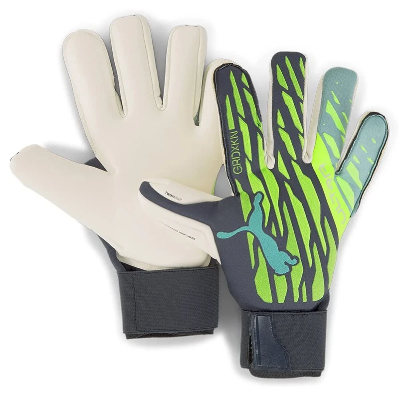 PUMA Unisex ULTRA Grip 1 Hybrid Pro Goalkeeper Gloves, Green Glare-Elektro Aqua, size: 10