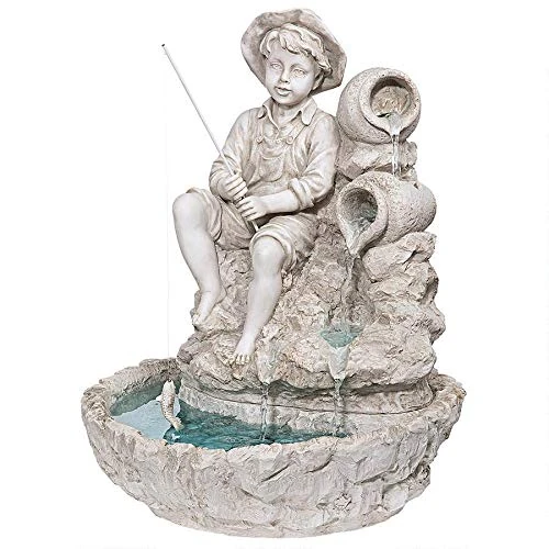Design Toscano KY697 Little Fisherman at The Fishin' Hole Sculptural Fountain, Antique Stone Finish