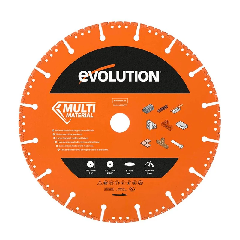 Evolution Power Tools MD230SEG-CS Multi Material Diamond Blade For Disc Cutters - Segmented Rim Removes Debris From Cut - Ideal for Cutting Metal, Brick, Tiles and Plastic, 230 mm