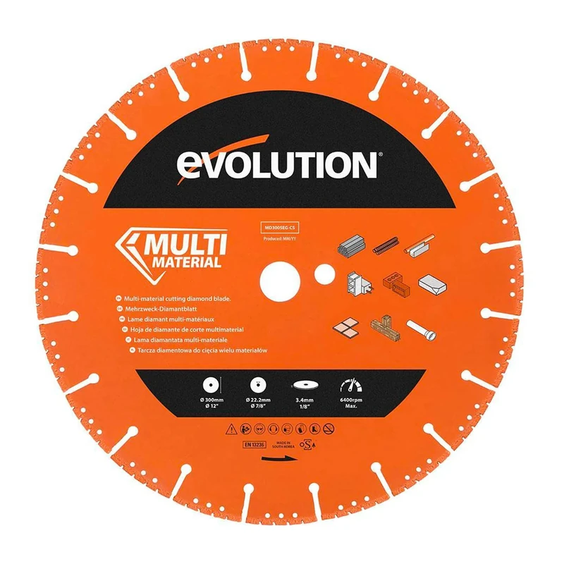 Evolution Power Tools MD300SEG-CS Multi Material Diamond Blade For Disc Cutters - Segmented Rim Removes Debris From Cut - Ideal for Cutting Metal, Brick, Tiles and Plastic, 300 mm
