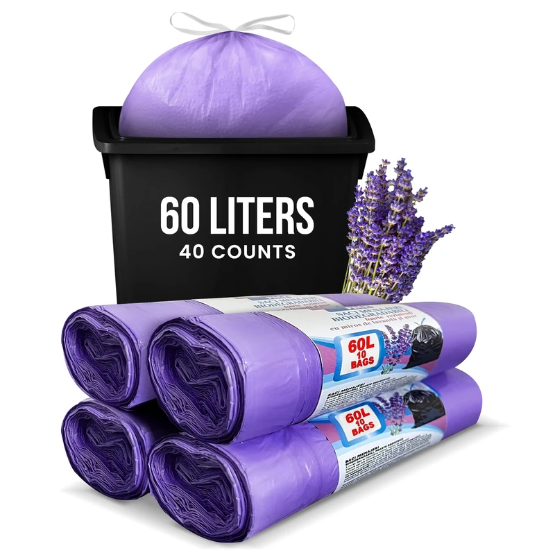 Lavender Scented Bin Bags (40 Counts) 60L Bin Liners Very Strong with Drawstring Trash Bags for Kitchen Office General Waste or Recycling Bags