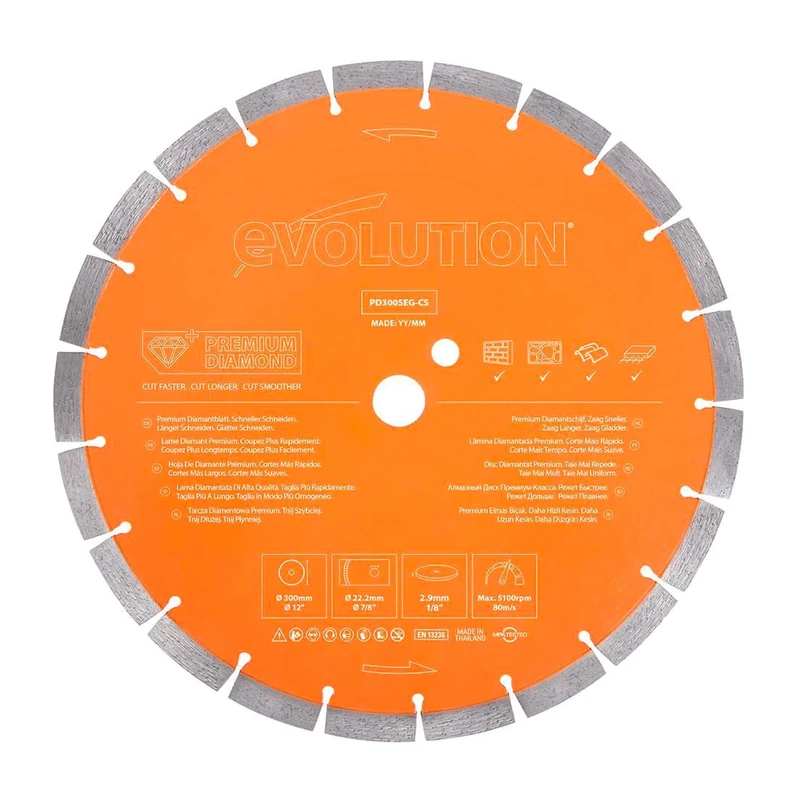 Evolution Power Tools PD300SEG-CS Premium Multi Material Diamond Blade For Disc Cutters - Longer Blade Life - Ideal for Cutting Brick, Roof Tile, Paving, Reinforced Concrete and More, 300mm