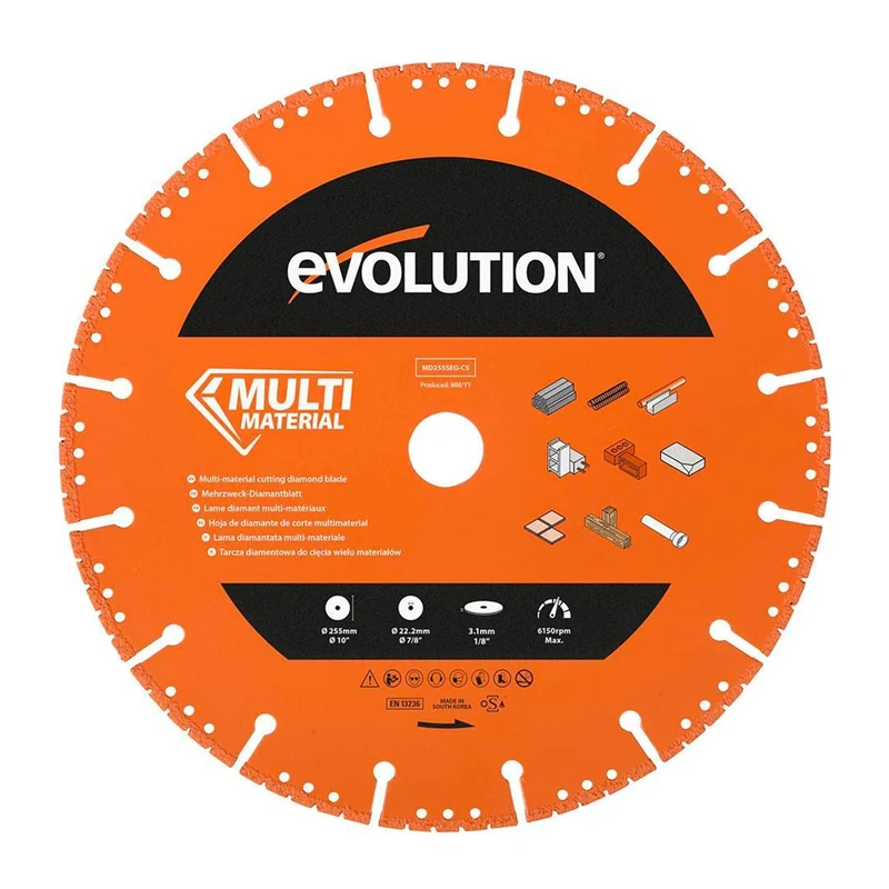 Evolution Power Tools MD255SEG-CS Multi Material Diamond Blade For Disc Cutters - Segmented Rim Removes Debris From Cut - Ideal for Cutting Metal, Brick, Tiles and Plastic, 255 mm
