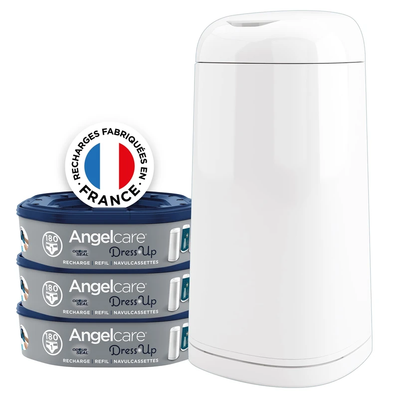 Angelcare Nappy Bin + 3 Refills - Anti Odour - High Capacity - Anti-Bacterial - Easy to Use - White