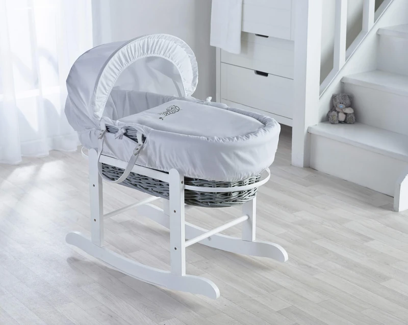 Kinder Valley Sleepy Little Owl Grey Wicker Moses Basket with White Rocking Stand, Adjustable Hood, Fibre Mattress & Padded Liner