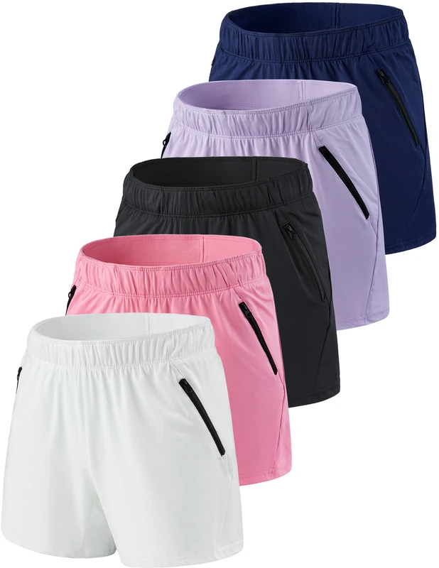 5 Pack: Womens Workout Gym Shorts Casual Lounge Set, Ladies Active Athletic Apparel with Zipper Pockets, Pink/Navy/Black/White/Lavender, L