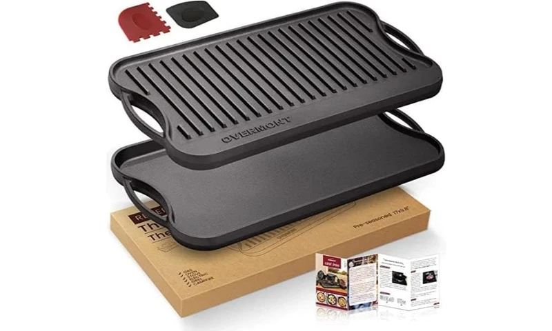 OVERMONT Pre-Seasoned Cast Iron Reversible Griddle Grill Pan with Handles for Gas Stovetop Open Fire Oven, 43.18 * 24.89CM (17x9.8) - One Tray, Scrapers Included