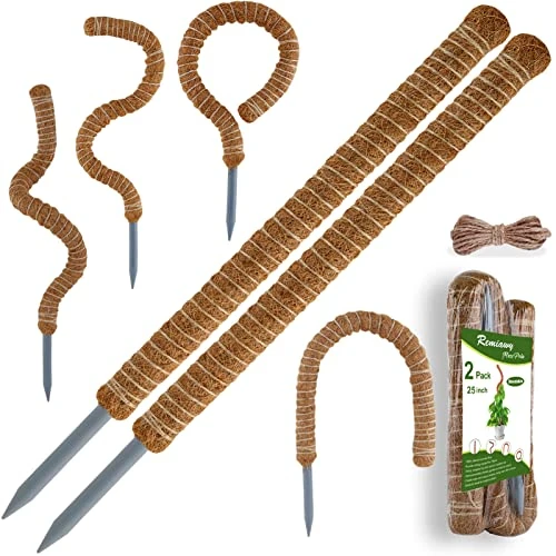 Remiawy Coir Totem Pole, 26.4 Inch Moss Pole for Climbing Plants Support Extension, 2 Pack 15.7 Inch Monstera Coir Moss Sticks with Jute Rope
