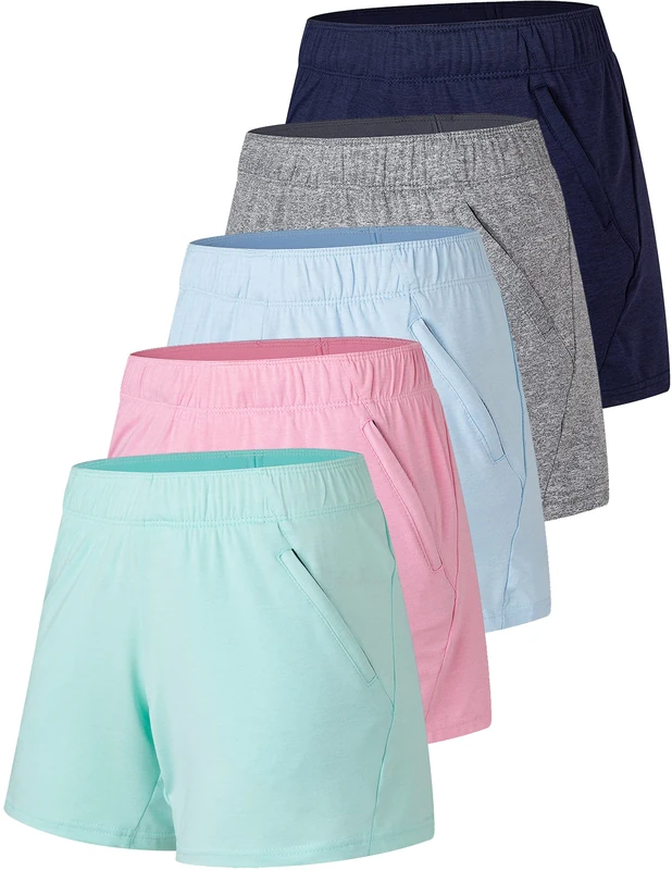 Liberty Imports 5 Pack: Womens Workout Gym Shorts Casual Lounge Set, Ladies Active Athletic Apparel with Zipper Pockets, Heather Mint/Pink/Blue/Gray/Navy, M