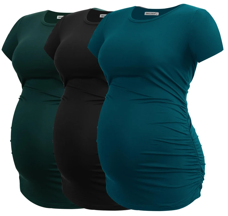 Smallshow Women's Maternity Shirt Side Ruched Tunic Pregnancy Top Clothes 3-Pack, Black/Deep Green/Teal, M