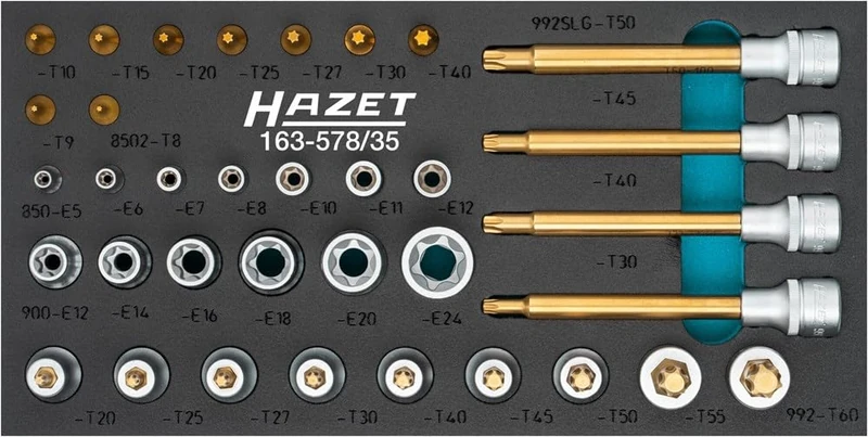 Hazet Screwdriver Socket Set Torx 163-587/35, 35 Pieces, with 1/4 and 1/2 Inch Square, Internal and External Torx, Sizes E6-E24 and T8-T50 for Versatile Applications