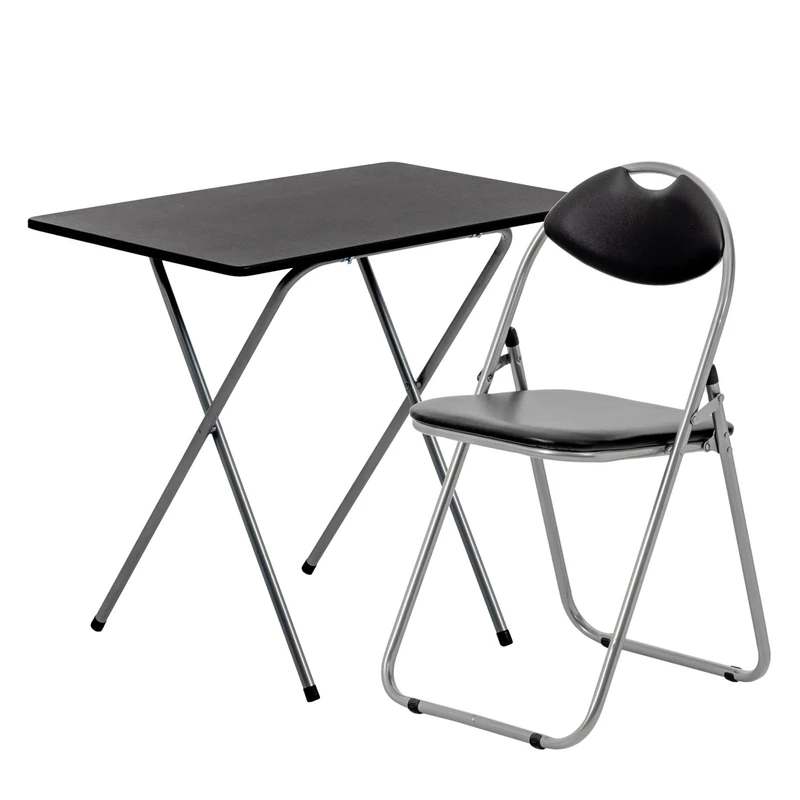 Harbour Housewares Wooden Folding Desk & Chair Set - Silver/Black Small Portable Home Office Wooden Top Foldable Desk and Folding Chair Set Workstation for PC, Laptop Study