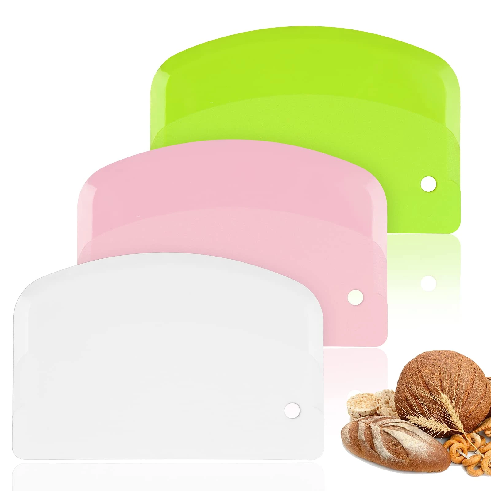Vicloon Dough Scraper Cutter, 3 Pcs Stainless Steel Dough Scraper Plastic Shape Spatulas Flexible Dough Cutter for Pizza Pastry Bread Baking Cream Smoother (Green/White/Pink)