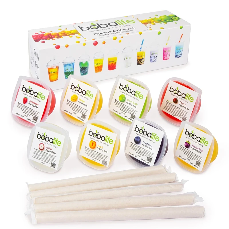 Bobalife Bubble Tea in the Making - Gluten Free DIY Bubble Tea Kit with 8 Fruity Popping Boba Flavors Including Mango - 8x100g Multipack with Bamboo Straws for Drinks & Desserts | Vegan