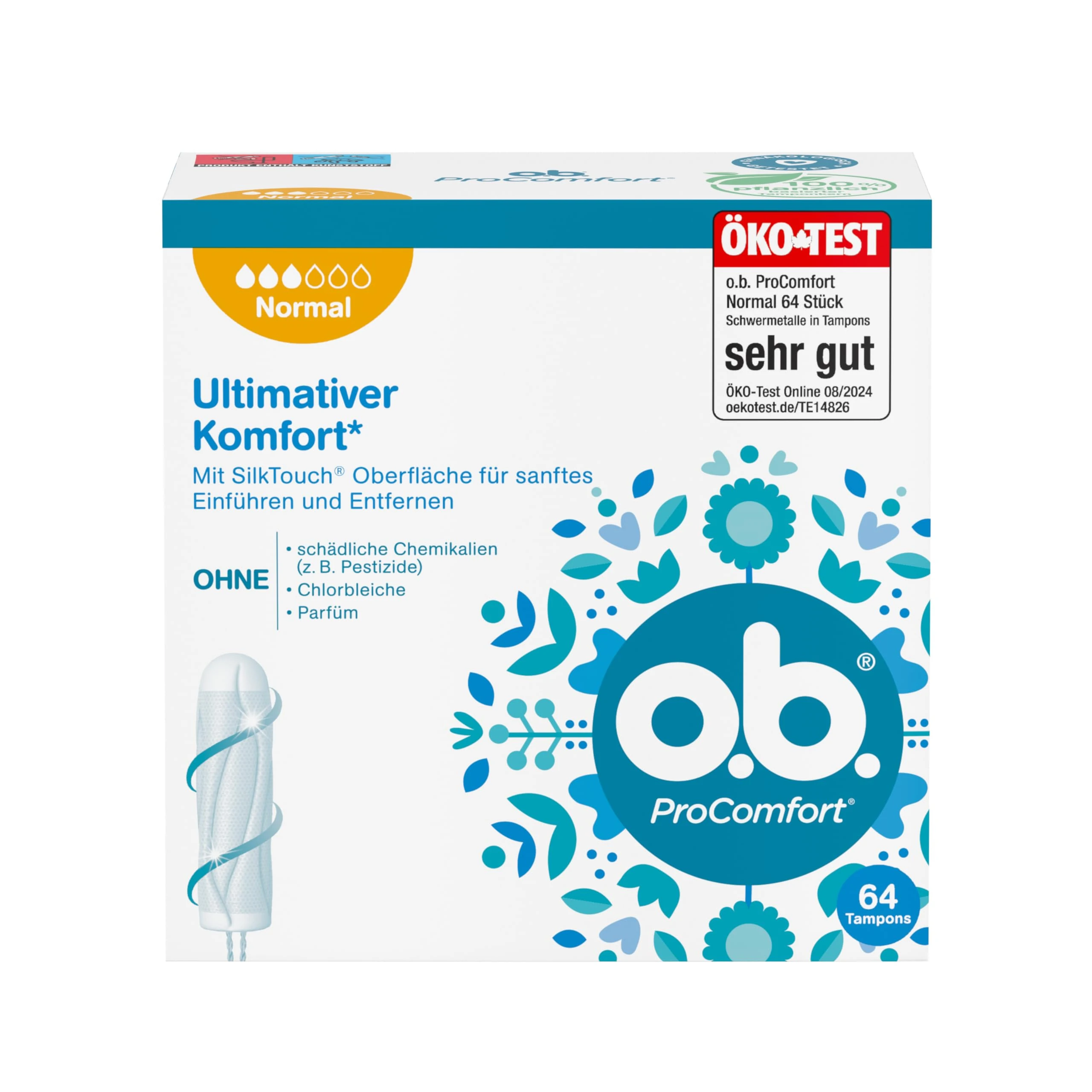 o.b. ProComfort Normal Tampon for Medium to Stronger Days, Ultimate Comfort* and Reliable Protection, Pack of 64