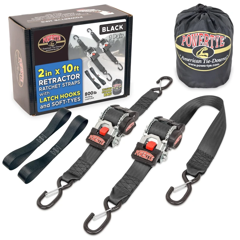 PowerTye 2in x 10ft Retractable Heavy-Duty Ratchet Tie-Downs w/Latch Hooks - includes Soft-Tyes and Storage Bag - 800 lb Working Load Limit / 2,400 lb Breaking Strength - Black (Pair)