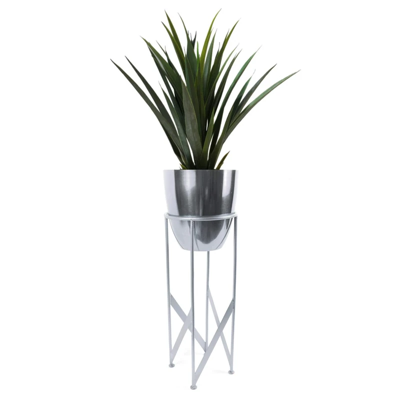 Leaf Tall Metal Plant Stand with Planter, Silver With Yukka Plant, 90cm